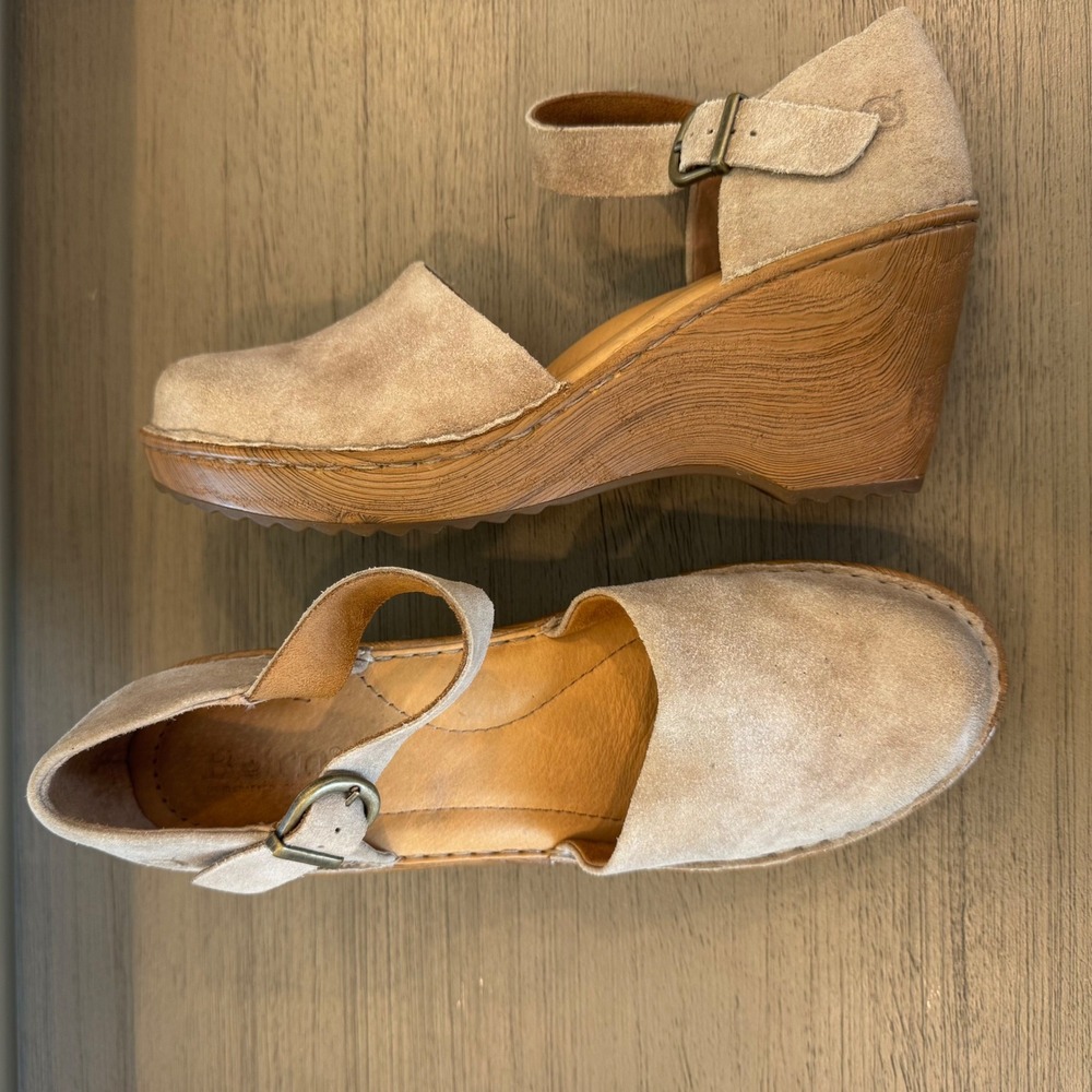 Born Women 9 M Gray Taupe Suede Wedge‎ Heel Sandals Ankle Strap Mary Jane Shoes
